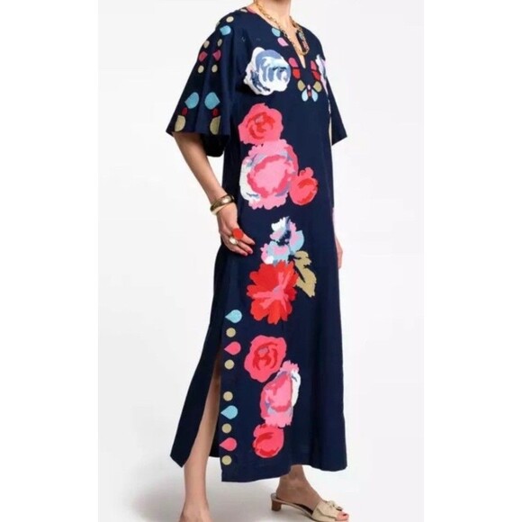 NWT Frances Valentine Delightful Caftan Peony Garden Cotton Embroidery Dress XS - Picture 3 of 16